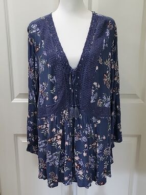 Torrid Floral Gauze Lace-Up Babydoll Blouse 3X Blue Indigo Boho Flowy Top